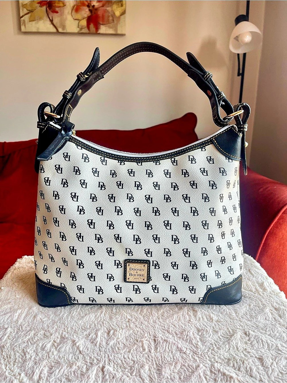 Dooney & Bourke Logo Print Shoulder Bag in White & Black